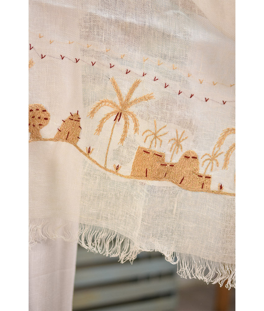 White Embroidered Linen Shawl handmade in Egypt & available at Jozee Boutique