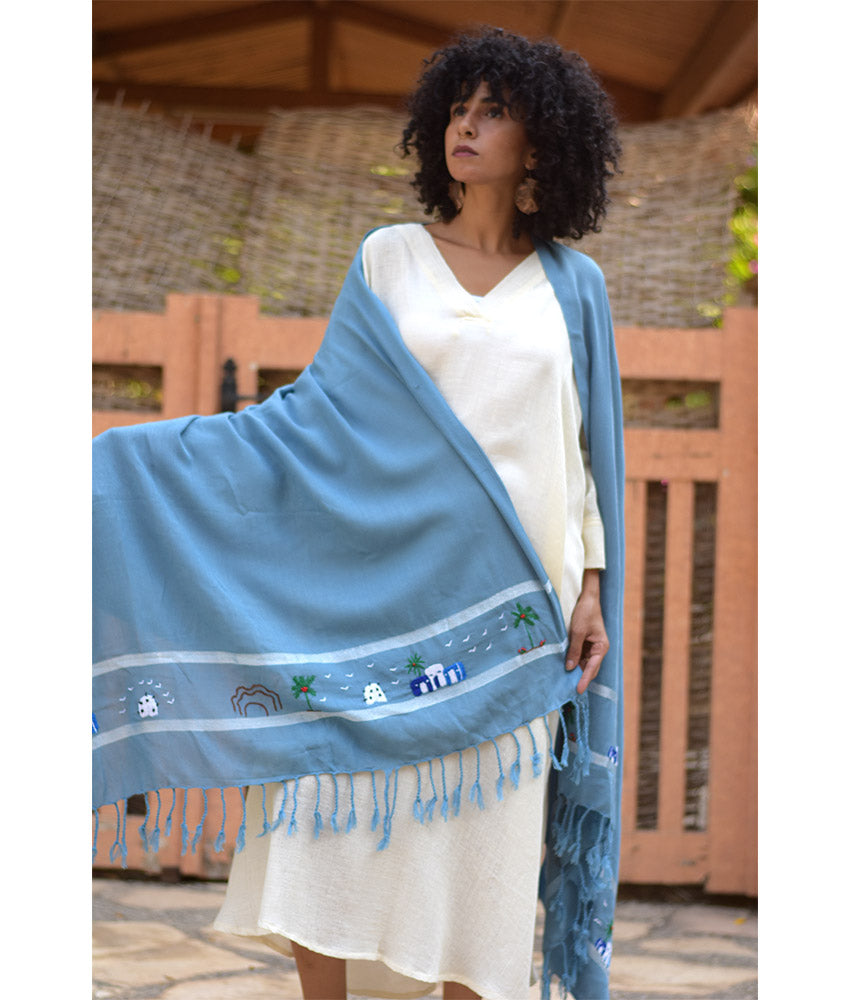 Baby Blue Handwoven Viscose Shawl with Hand Embroideries handmade in Egypt & available at Jozee Boutique.handmade in Egypt & available at Jozee Boutique.