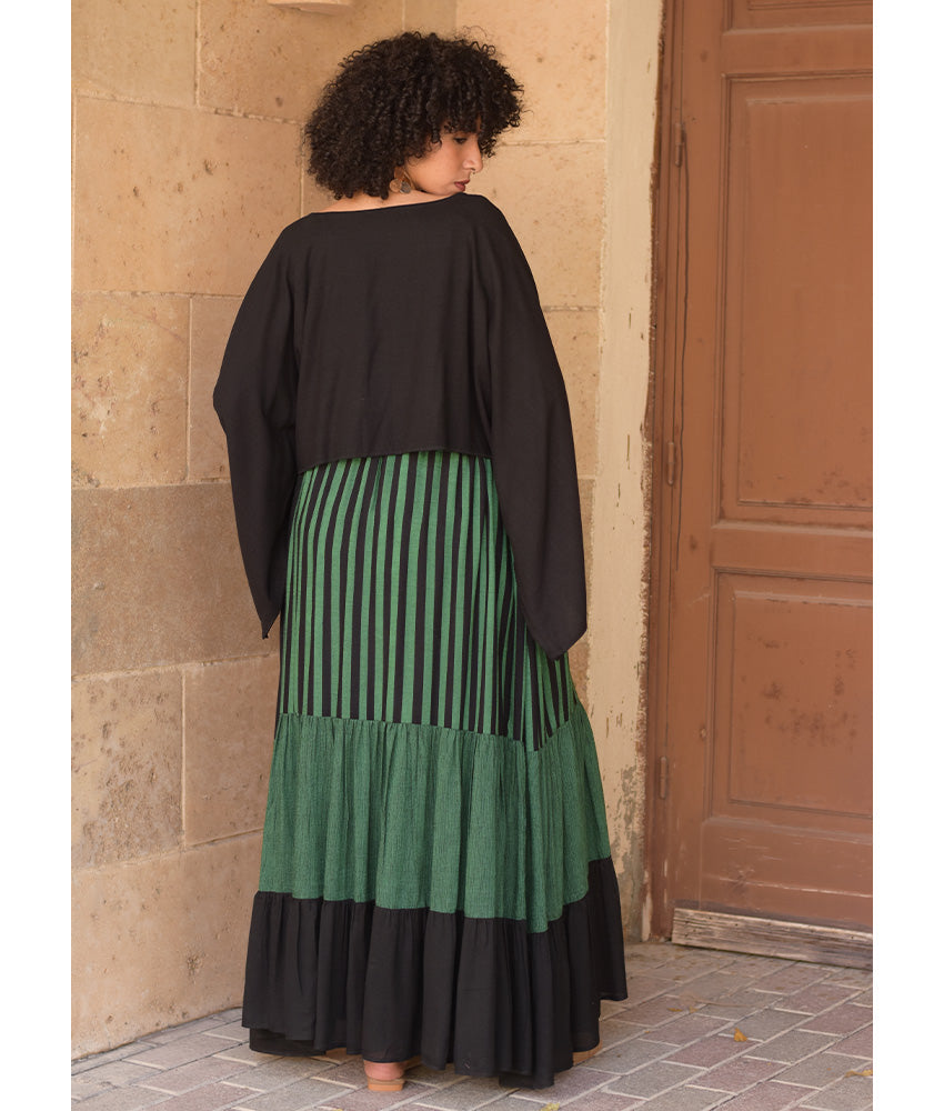 Green & Black Handwoven Ruffle Skirt handmade in Egypt & available at Jozee Boutique.