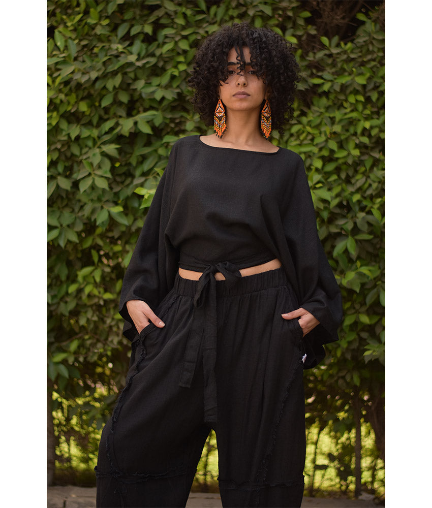 Black Kimono Linen Top handmade in Egypt & available at Jozee Boutique.