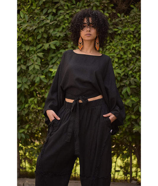 Black Kimono Linen Top handmade in Egypt & available at Jozee Boutique.