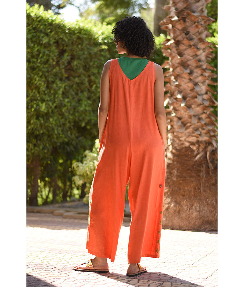 Orange Siwa Embroidered Linen Jumpsuit Handmade in Egypt & available at Jozee Boutique