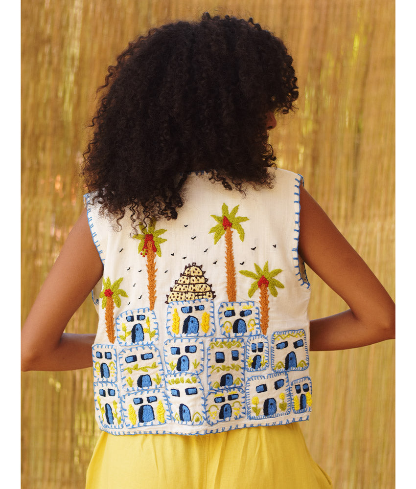 Off White Hand Embroideries Linen Vest - Fatoum