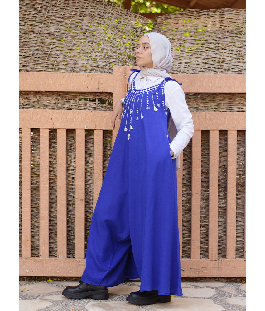 Electric Blue Siwa Embroidered Linen Flowy Jumpsuit/Dress handmade in Egypt & available at Jozee Boutique.