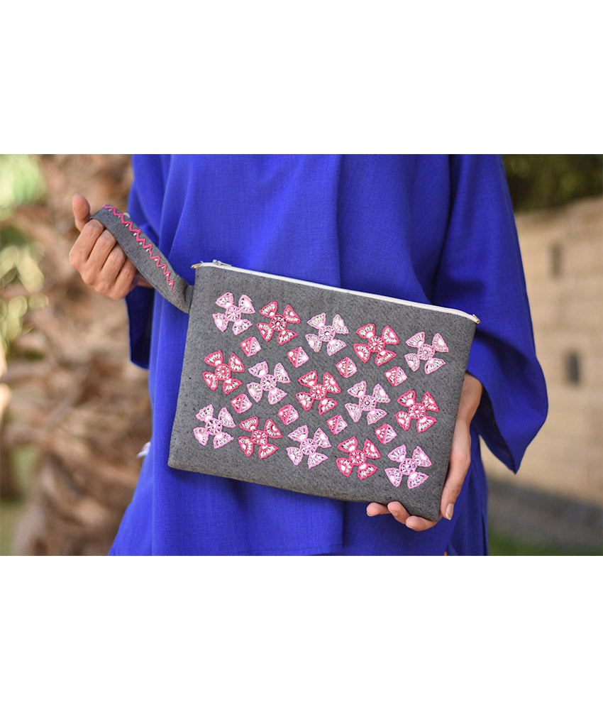 Grey Embroidered Clutch handmade in Egypt & available at Jozee Boutique.