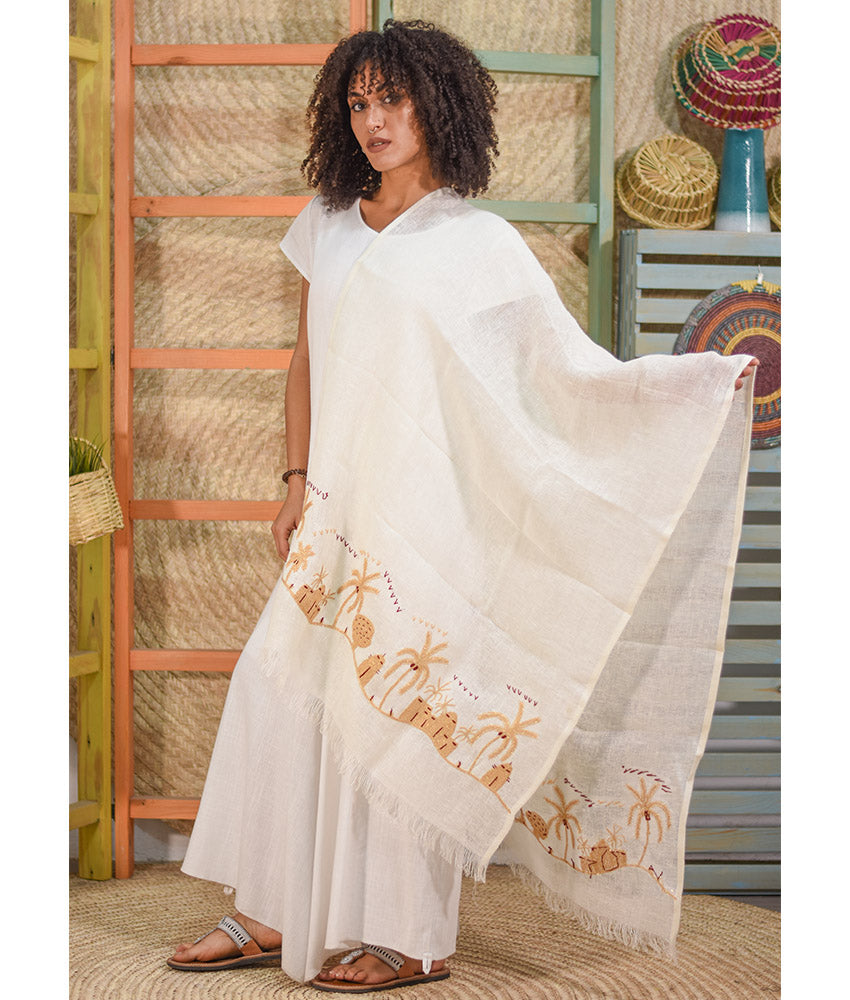 White Embroidered Linen Shawl handmade in Egypt & available at Jozee Boutique