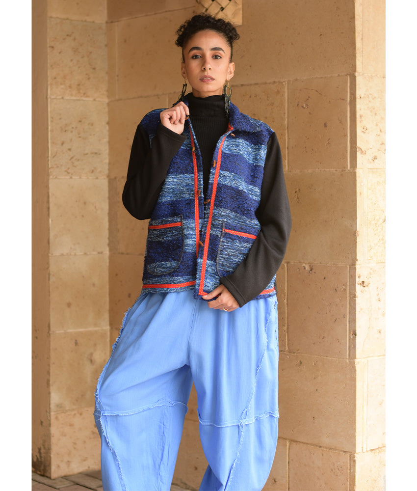 Black & Blue Cropped Akhmim Loomwoven Jacket handmade in Egypt & available at Jozee Boutique.handmade in Egypt & available at Jozee Boutique.