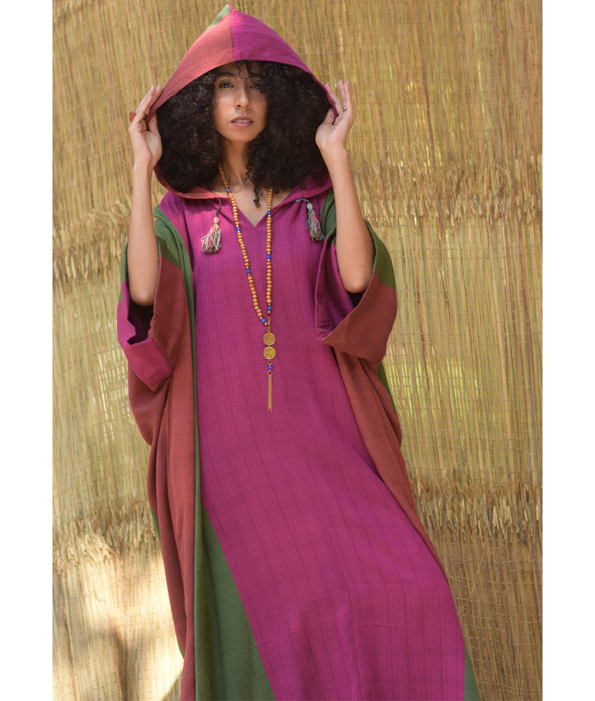 Multicolored Viscose Kaftan with Hoodie