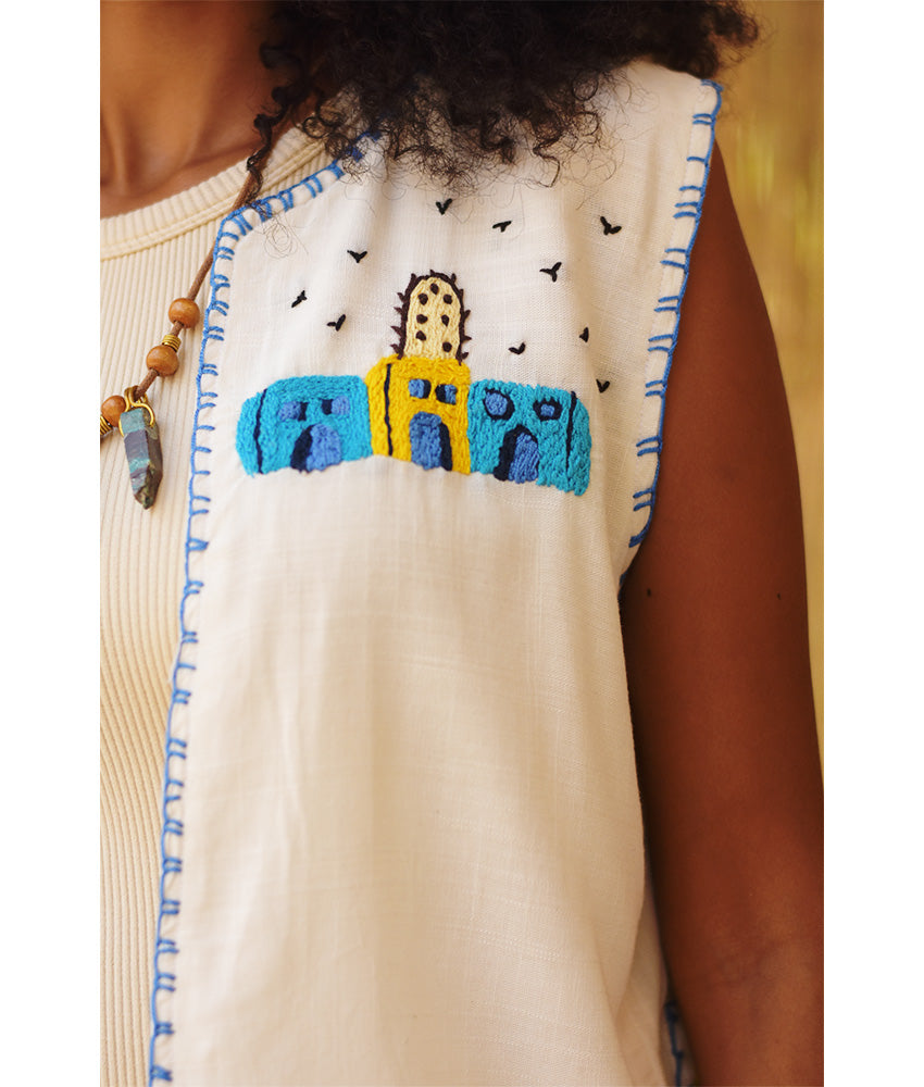 Off White Hand Embroideries Linen Vest - Fatoum