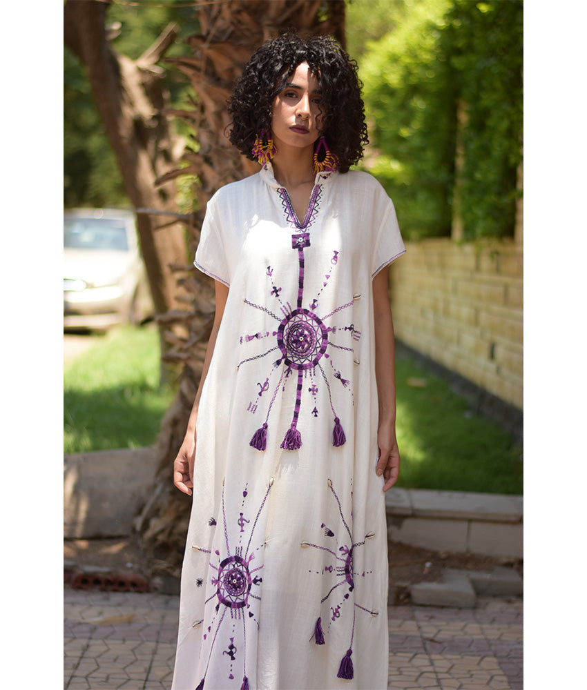 White Siwa Embroidered Linen Japanese Dress handmade in Egypt & available at Jozee Boutique.