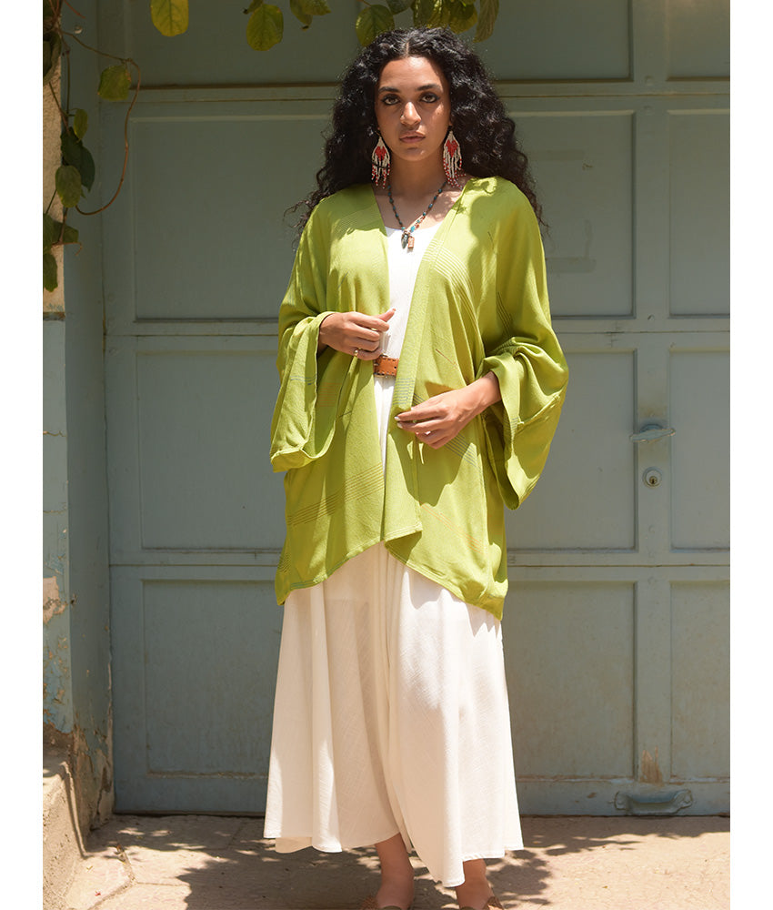 Lime Green Handwoven Viscose Cardigan handmade in Egypt & available at Jozee Boutique.