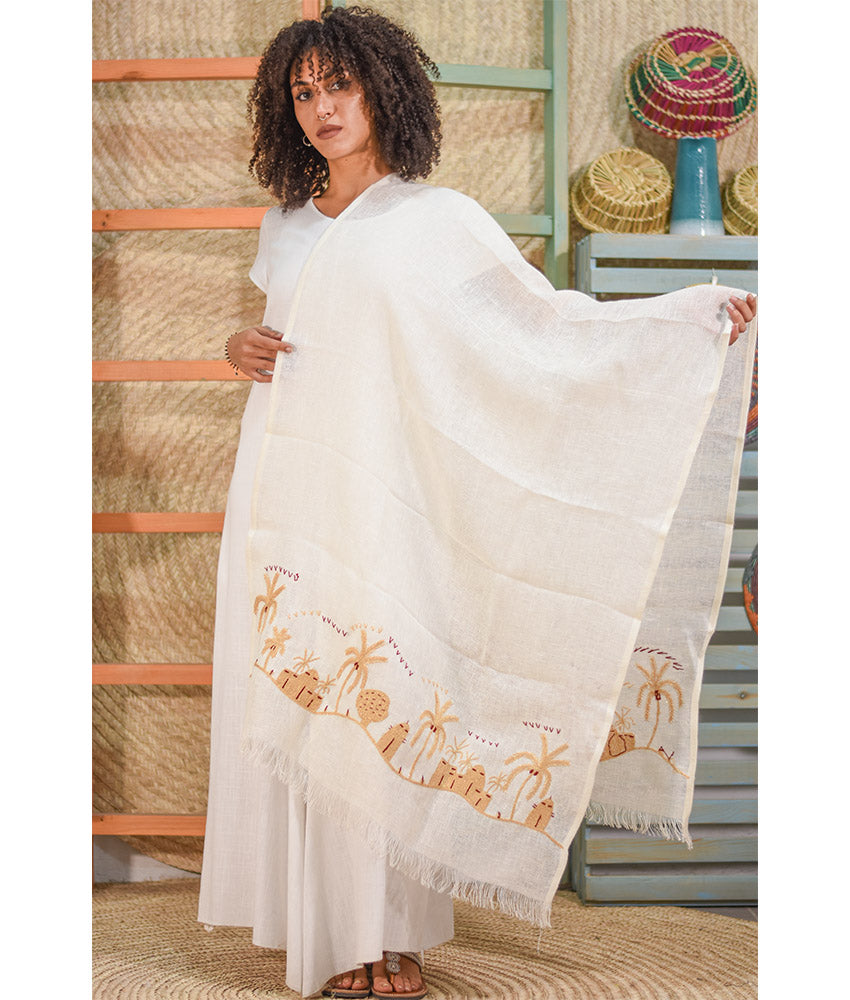 White Embroidered Linen Shawl handmade in Egypt & available at Jozee Boutique