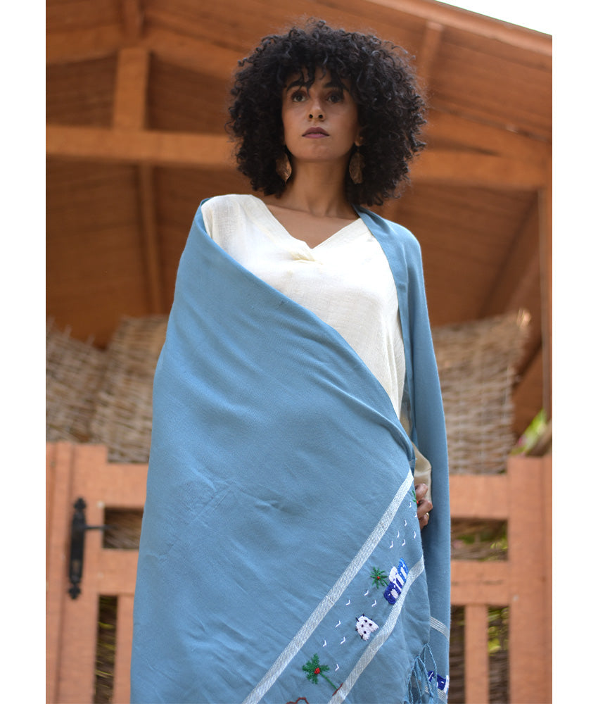 Baby Blue Handwoven Viscose Shawl with Hand Embroideries handmade in Egypt & available at Jozee Boutique.handmade in Egypt & available at Jozee Boutique.