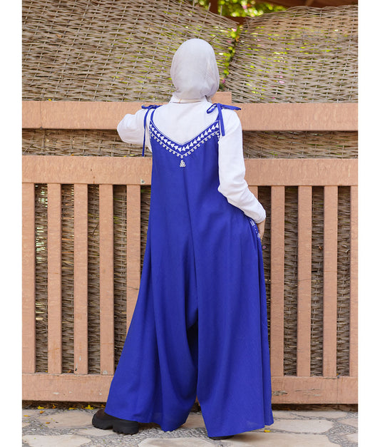 Electric Blue Siwa Embroidered Linen Flowy Jumpsuit/Dress handmade in Egypt & available at Jozee Boutique.