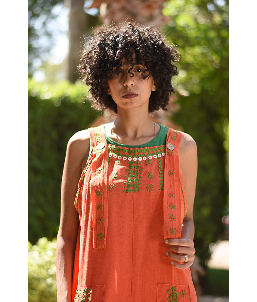 Orange Siwa Embroidered Linen Jumpsuit Handmade in Egypt & available at Jozee Boutique