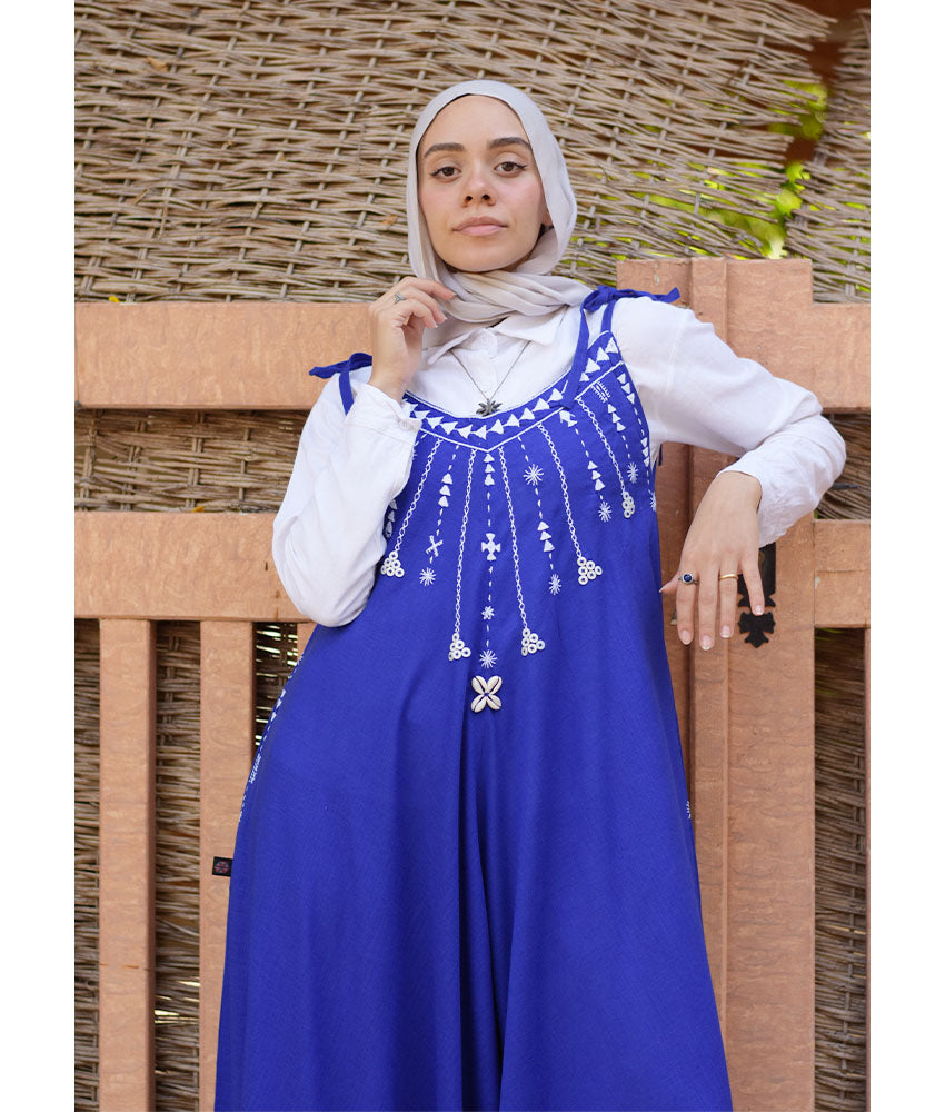 Electric Blue Siwa Embroidered Linen Flowy Jumpsuit/Dress handmade in Egypt & available at Jozee Boutique.