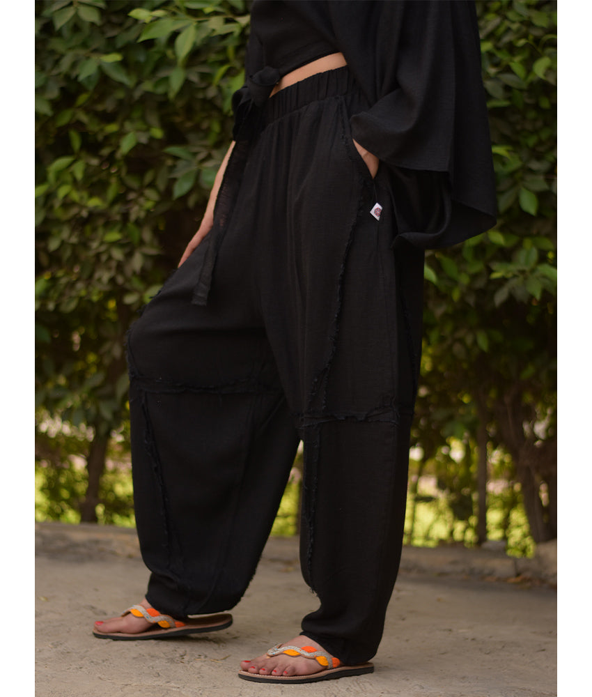 Black Wide Leg Linen Frayed Pants handmade in Egypt & available at Jozee Boutique.