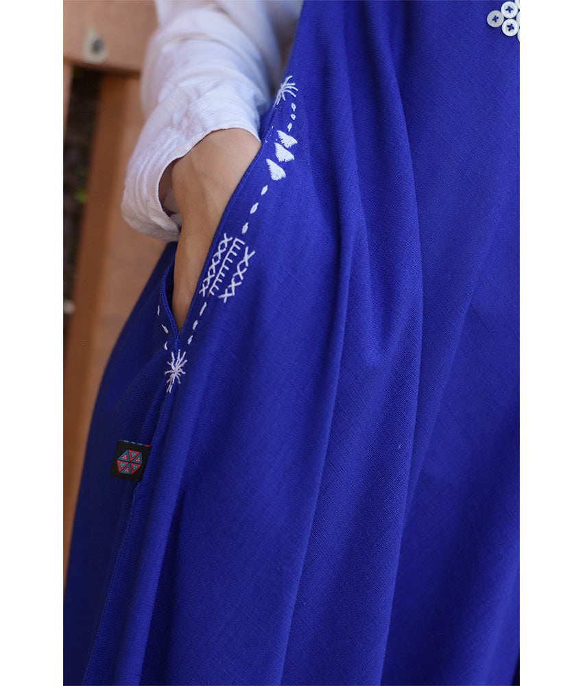 Electric Blue Siwa Embroidered Linen Flowy Jumpsuit/Dress handmade in Egypt & available at Jozee Boutique.