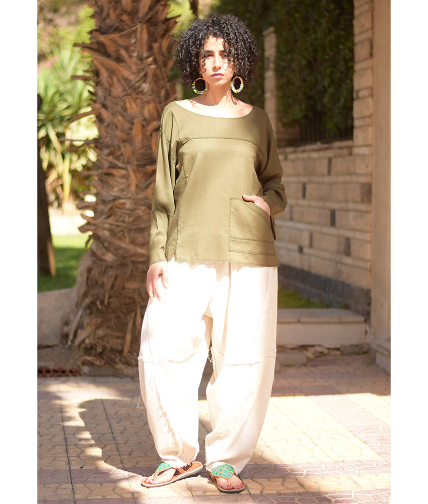 Army green Linen Boxy Top handmade in Egypt & available at Jozee Boutique.