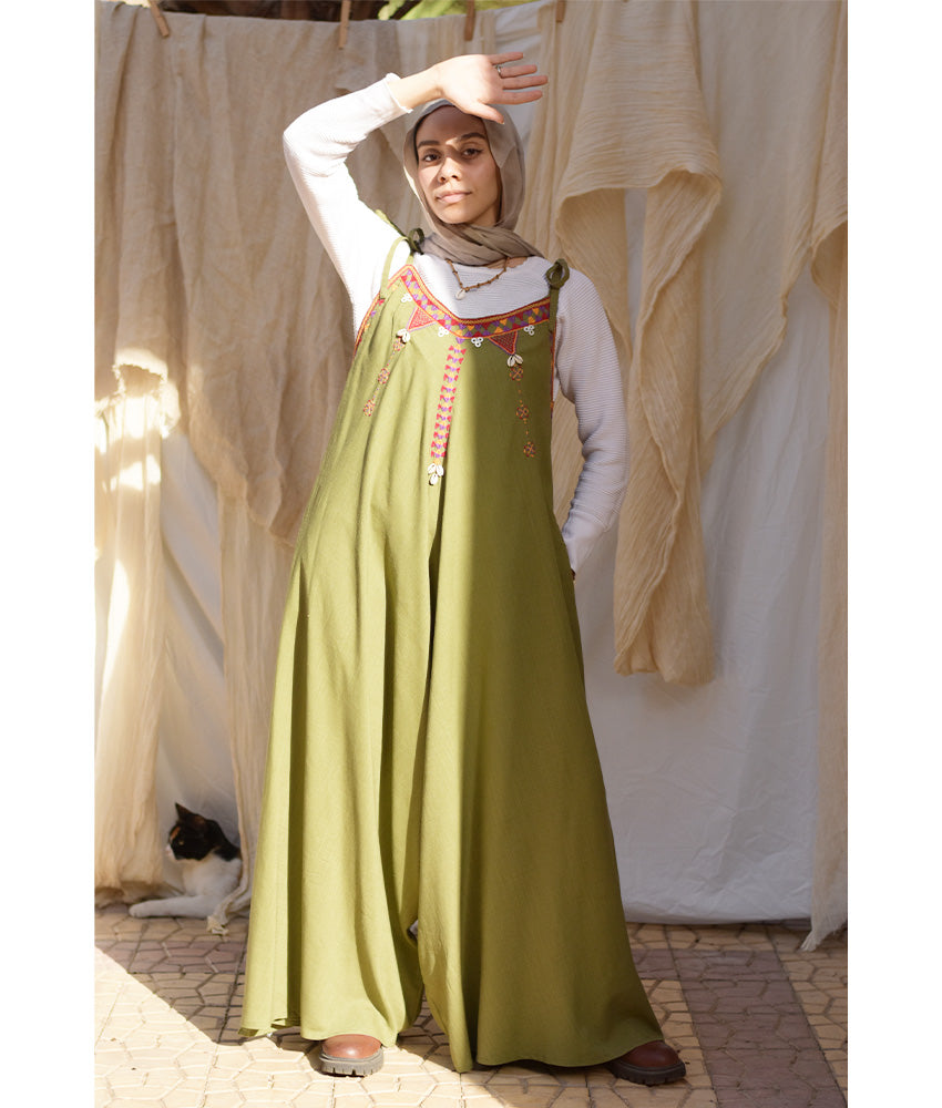 Army green Siwa Embroidered Linen Flowy Jumpsuit/Dress handmade in Egypt & available at Jozee Boutique.