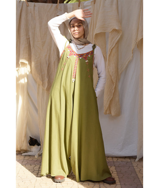 Army green Siwa Embroidered Linen Flowy Jumpsuit/Dress handmade in Egypt & available at Jozee Boutique.