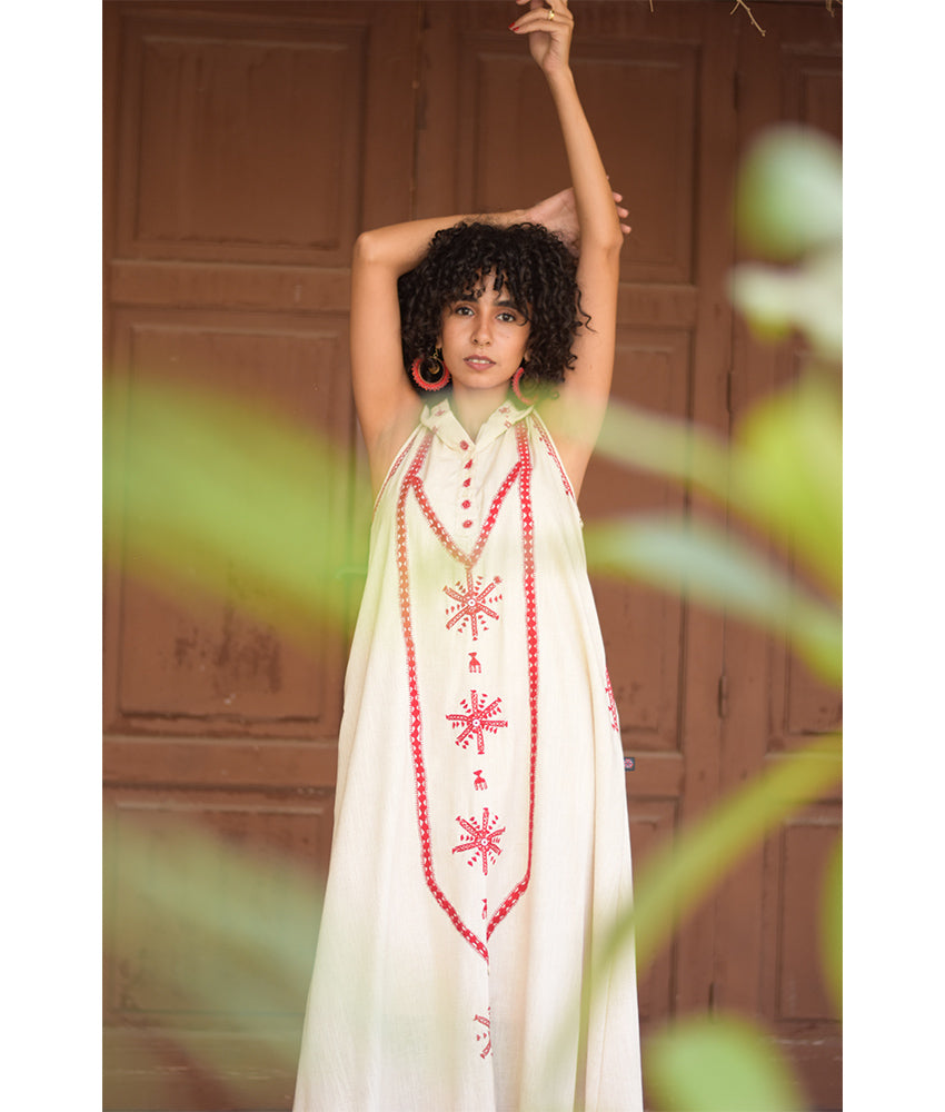 Off white Siwa Embroidered Linen Dress with Hoodie handmade in Egypt & available at Jozee Boutique.