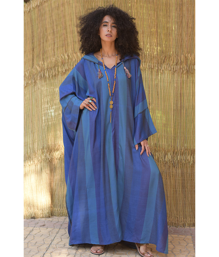 Blue Viscose Kaftan with Hoodie