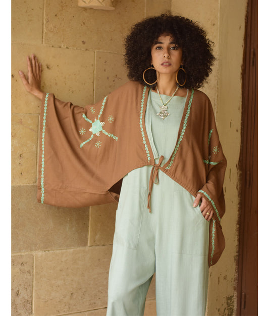 Cinnamon Brown Siwa Embroidered Linen Bolero made in Egypt & available at Jozee Boutique.