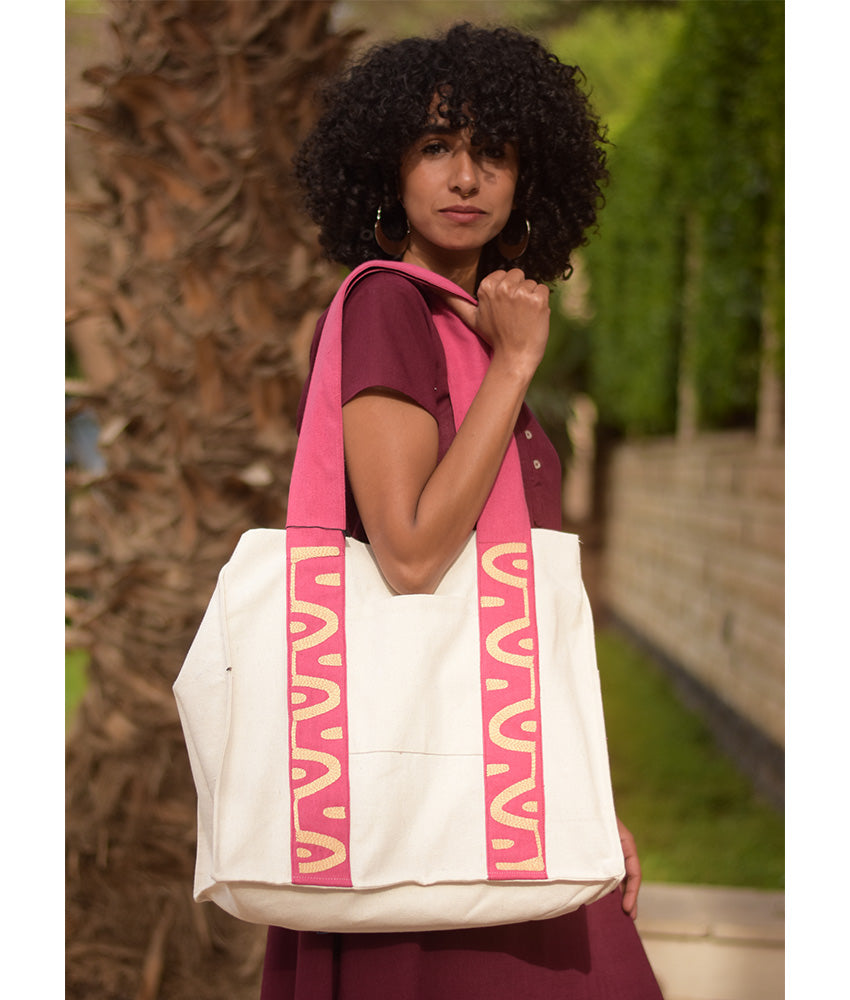 Fuchsia & off white Embroidered Tote Bag handmade in Egypt & available at Jozee Boutique.
