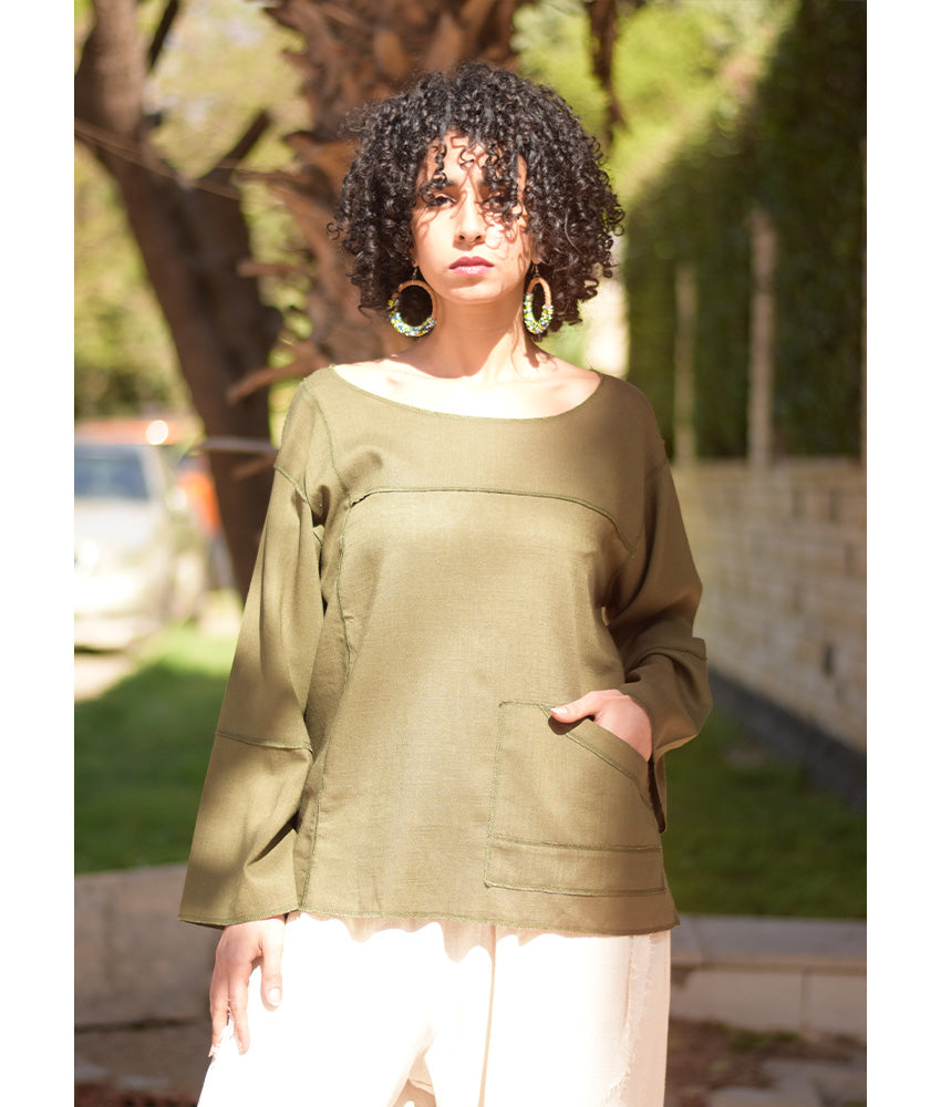 Army green Linen Boxy Top handmade in Egypt & available at Jozee Boutique.