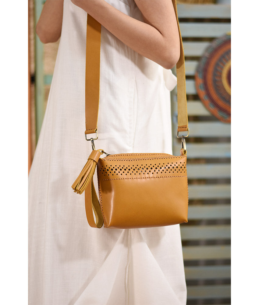 Camel Hand Stitched Leather Cross Bag handmade in Egypt and available at Jozee Boutique.