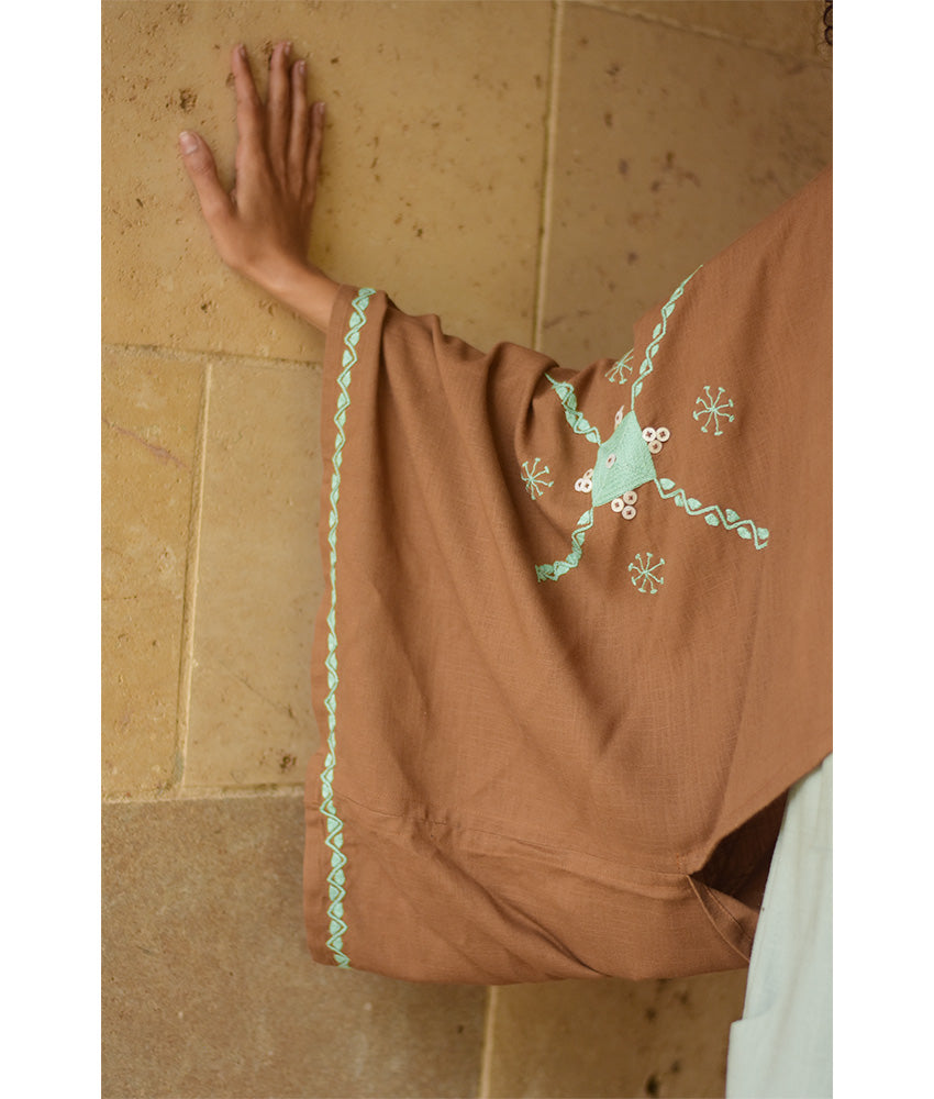 Cinnamon Brown Siwa Embroidered Linen Bolero made in Egypt & available at Jozee Boutique.