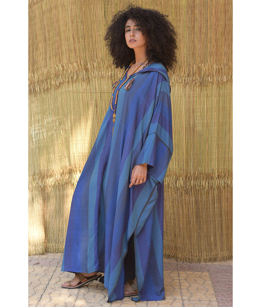 Blue Viscose Kaftan with Hoodie