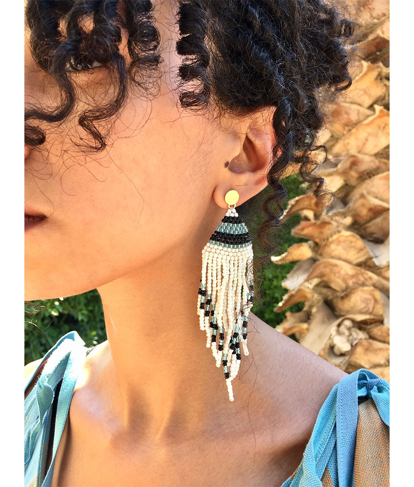 White, Black & Aqua Beaded Earrings handmade in Egypt & available in Jozee Boutique