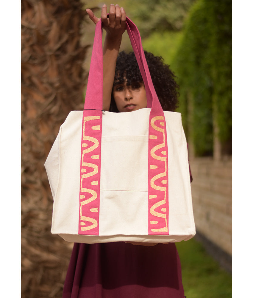 Fuchsia & off white Embroidered Tote Bag handmade in Egypt & available at Jozee Boutique.