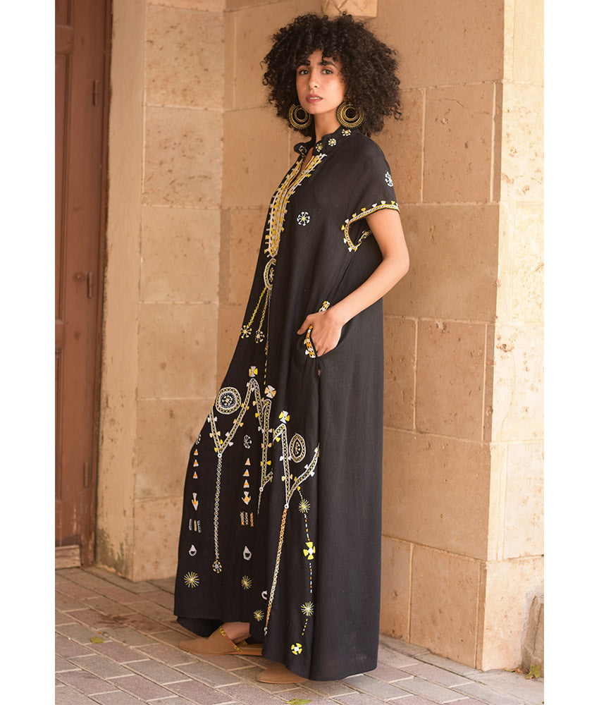 Black Siwa Embroidered Linen Dress with Hoodie handmade in Egypt & available at Jozee Boutique.