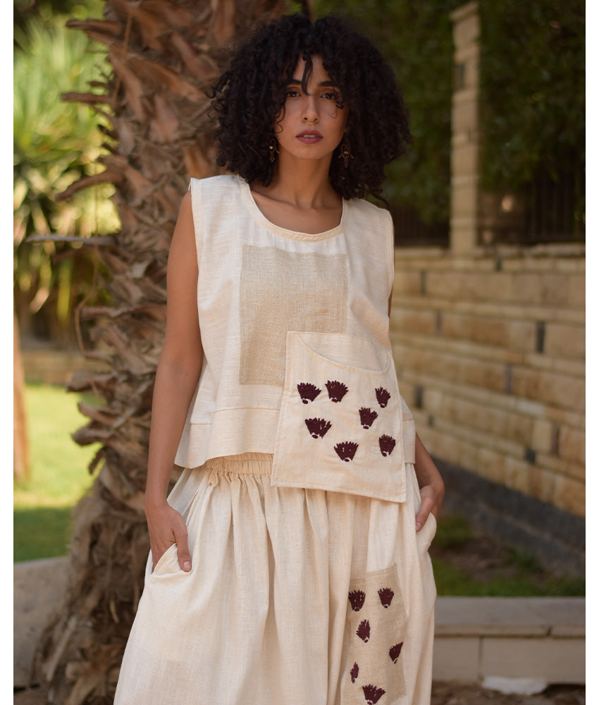 Off White Linen Set with Hand Embroideries handmade in Egypt & available at Jozee Boutique.