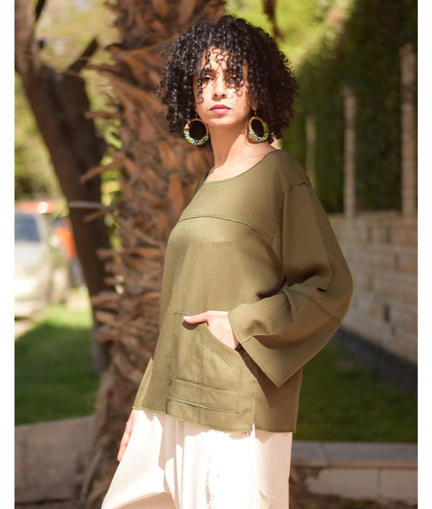 Army green Linen Boxy Top handmade in Egypt & available at Jozee Boutique.