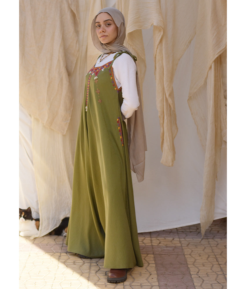 Army green Siwa Embroidered Linen Flowy Jumpsuit/Dress handmade in Egypt & available at Jozee Boutique.
