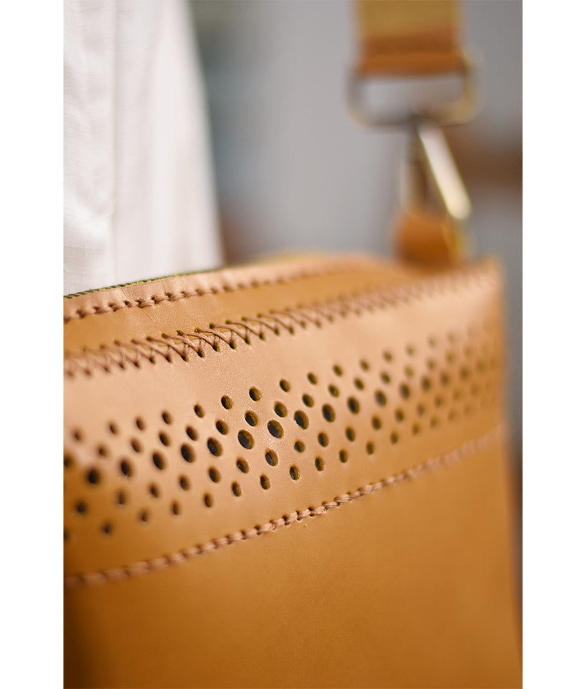 Camel Hand Stitched Leather Cross Bag handmade in Egypt and available at Jozee Boutique.