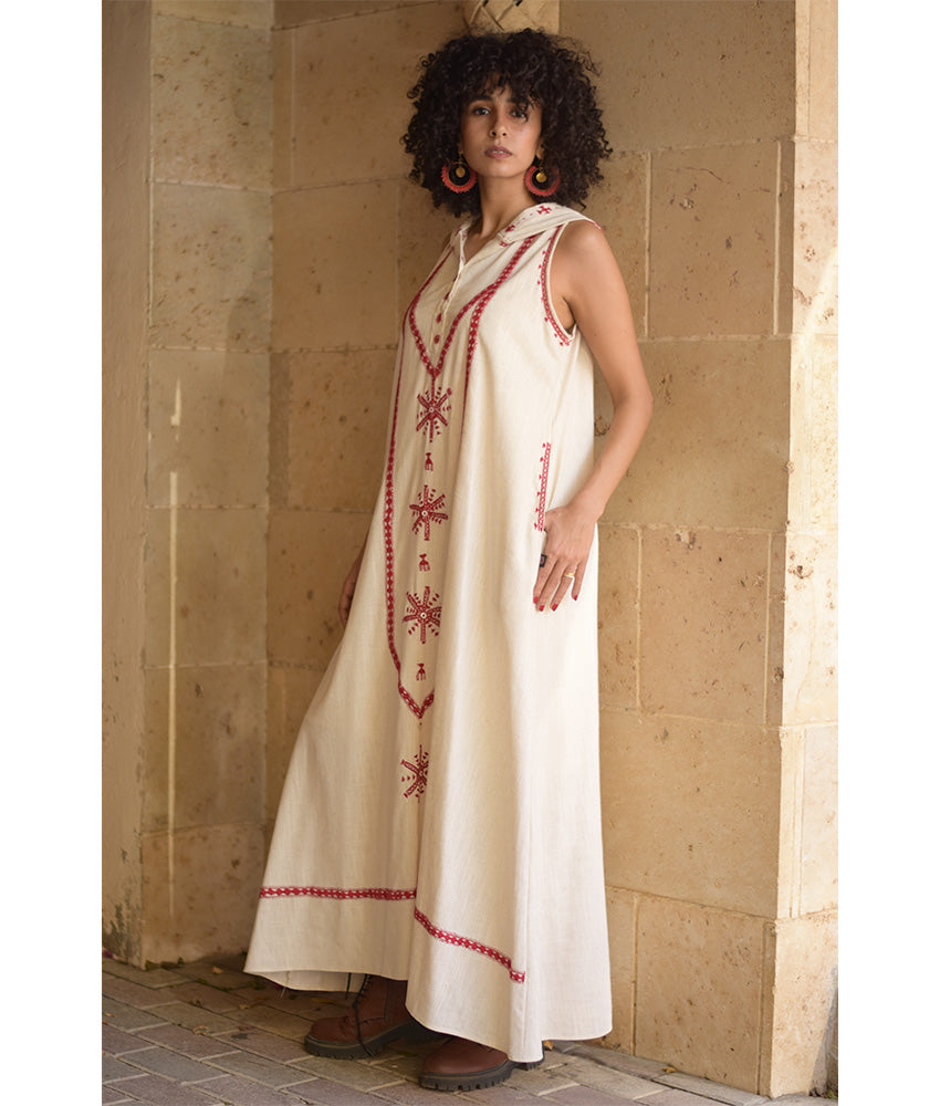 Off white Siwa Embroidered Linen Dress with Hoodie handmade in Egypt & available at Jozee Boutique.