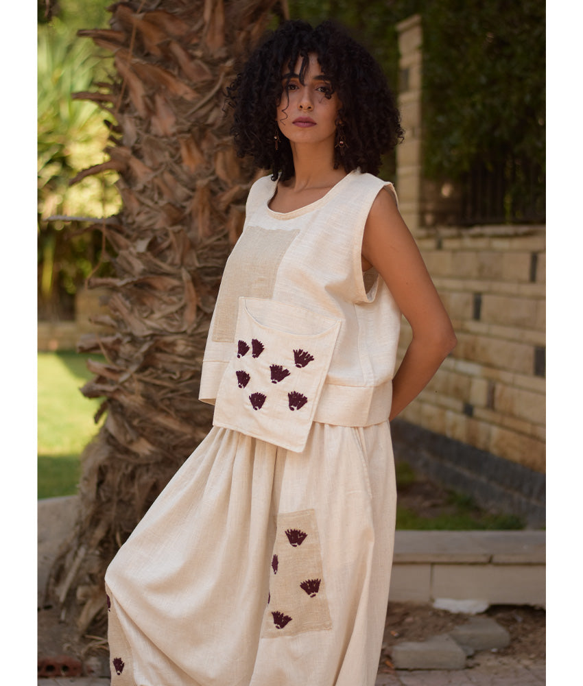 Off White Linen Set with Hand Embroideries handmade in Egypt & available at Jozee Boutique.