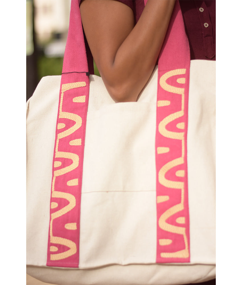 Fuchsia & off white Embroidered Tote Bag handmade in Egypt & available at Jozee Boutique.