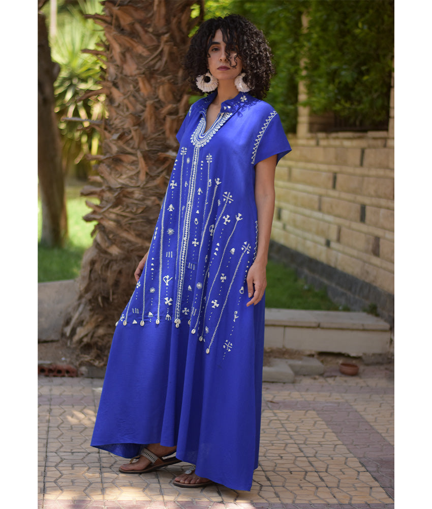 Electric Blue Siwa Embroidered Linen Japanese Dress handmade in Egypt & available at Jozee Boutique.