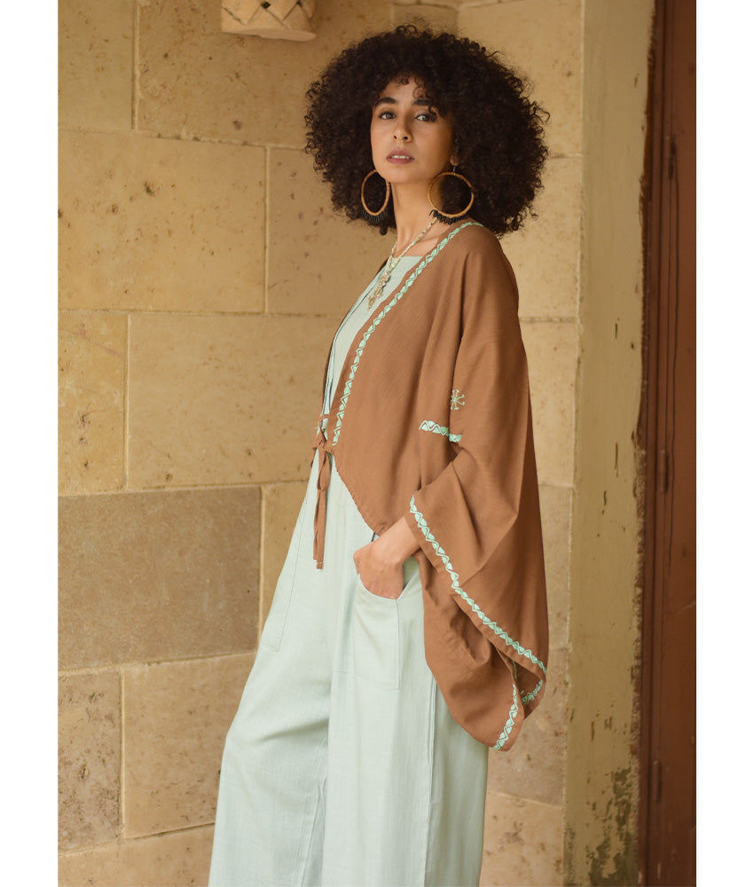 Cinnamon Brown Siwa Embroidered Linen Bolero made in Egypt & available at Jozee Boutique.