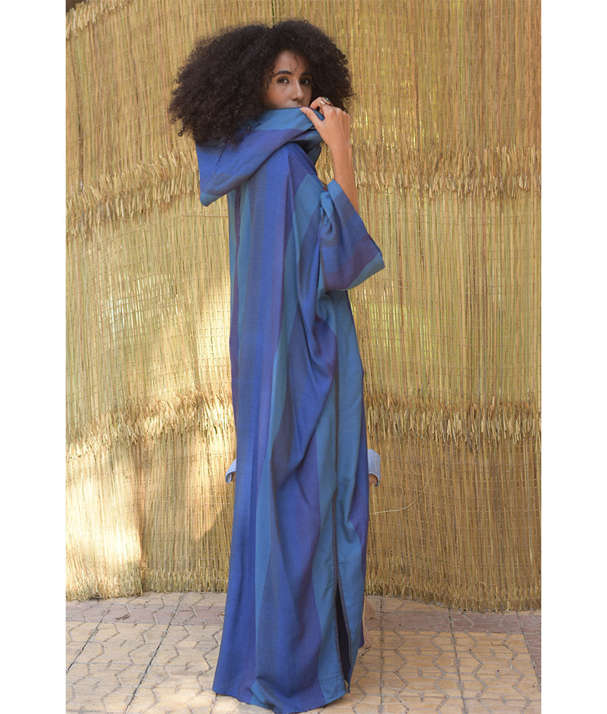 Blue Viscose Kaftan with Hoodie