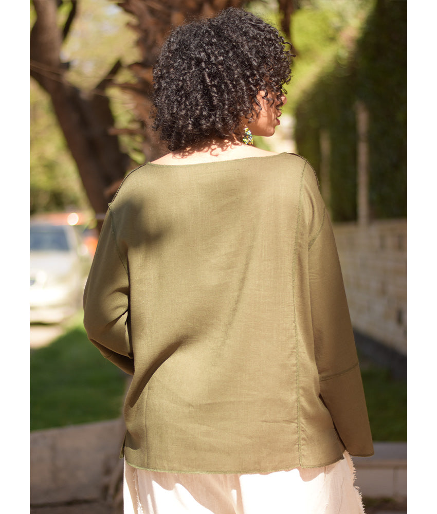 Army green Linen Boxy Top handmade in Egypt & available at Jozee Boutique.