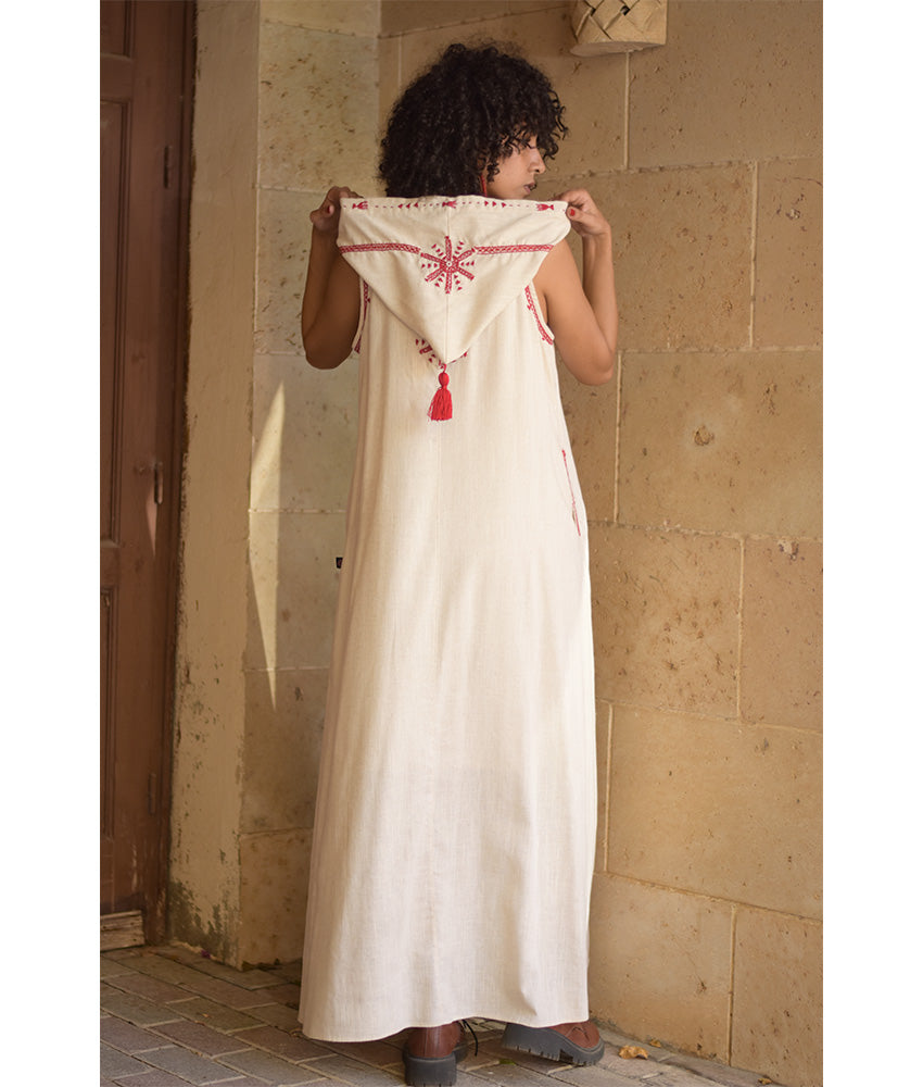 Off white Siwa Embroidered Linen Dress with Hoodie handmade in Egypt & available at Jozee Boutique.