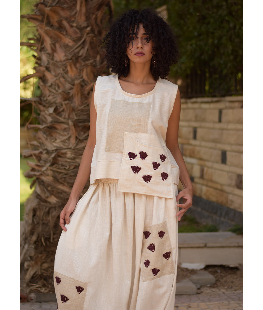 Off White Linen Set with Hand Embroideries handmade in Egypt & available at Jozee Boutique.