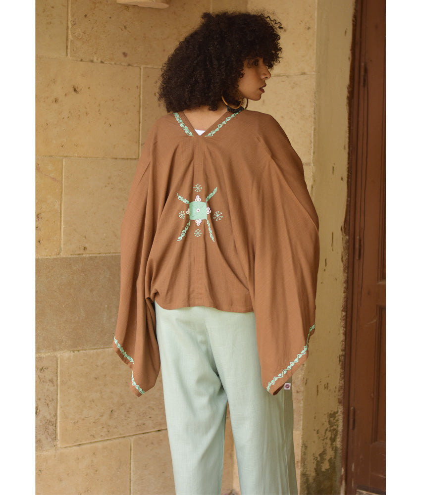 Cinnamon Brown Siwa Embroidered Linen Bolero made in Egypt & available at Jozee Boutique.